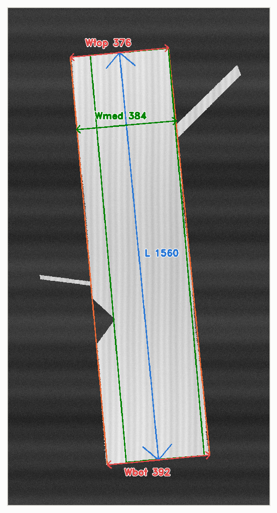 A synthetic bundle image with the fitted trapezoid drawn in orange, the largest inscribed rectangle in green, and labelled double-headed arrows for length, top width, bottom width, and median width. The sliver, fibre, and notch are visible in the underlying image but excluded from the fit.